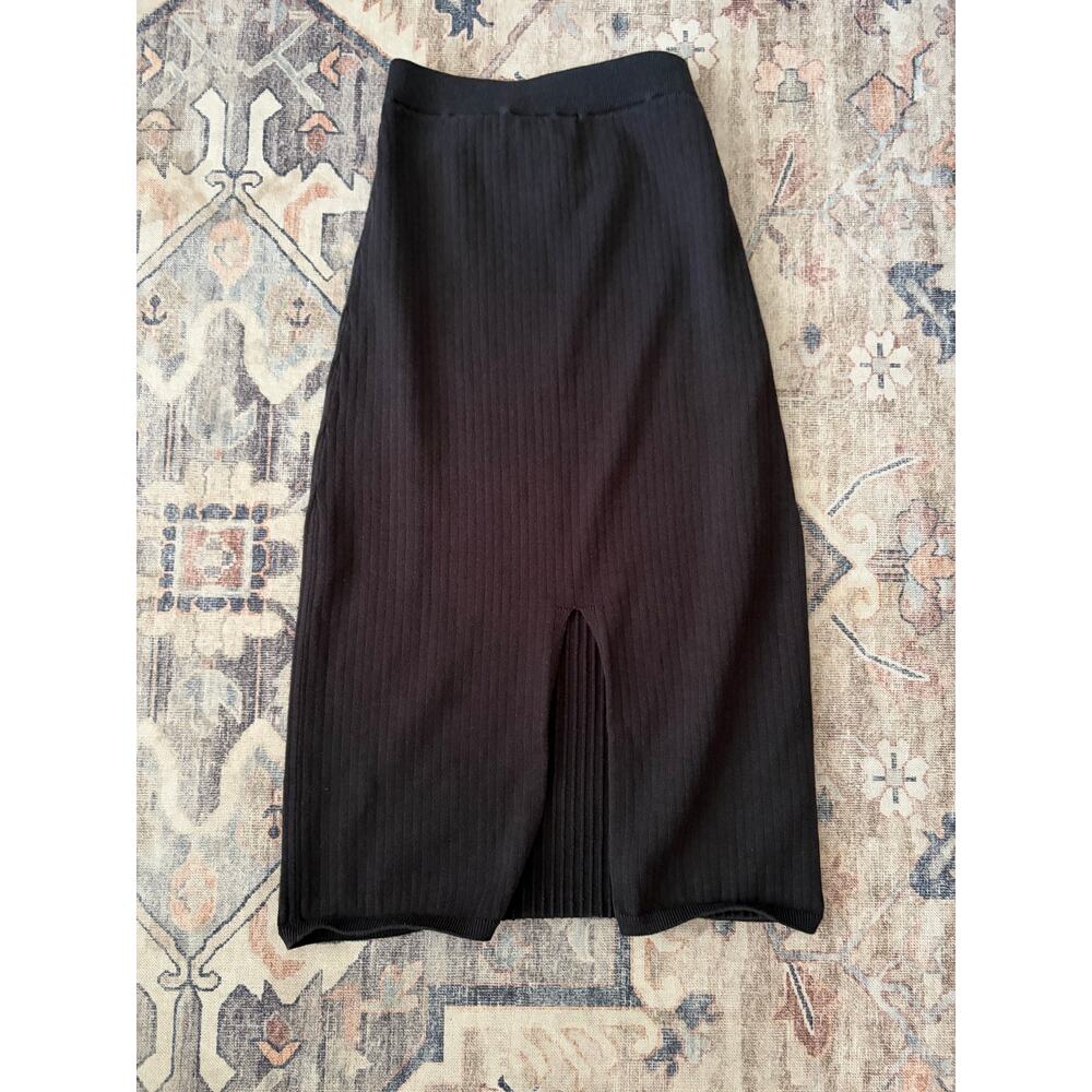 Free People Black Ribbed Midi Skirt with Front Slit